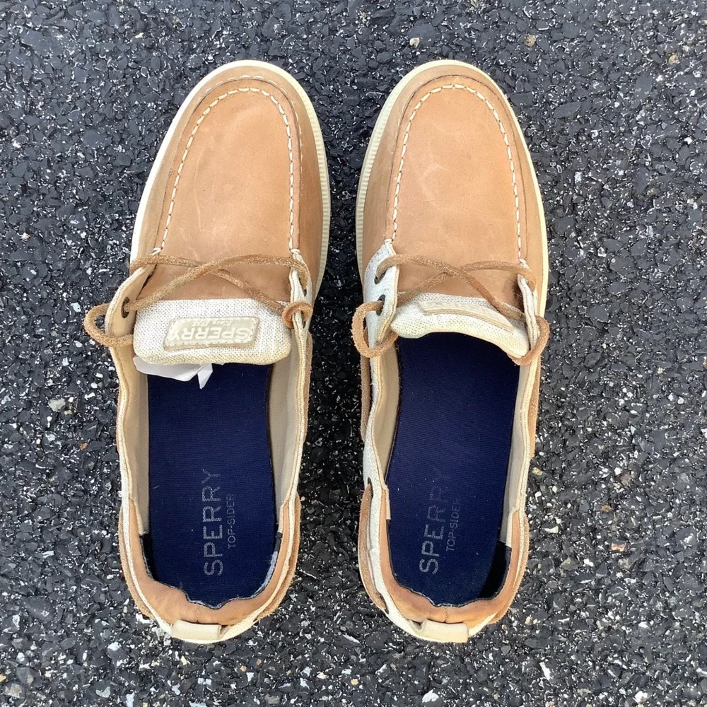 Sperry Top-Sider Womens Boat Shoes Tan Leather Canvas STS81857 Size 8.5